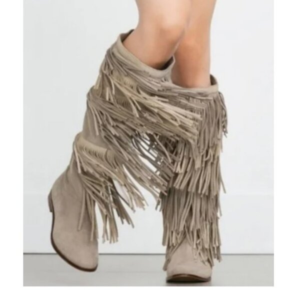 Zara Grey/Tan Fringe Half Calf Boots - Picture 1 of 8